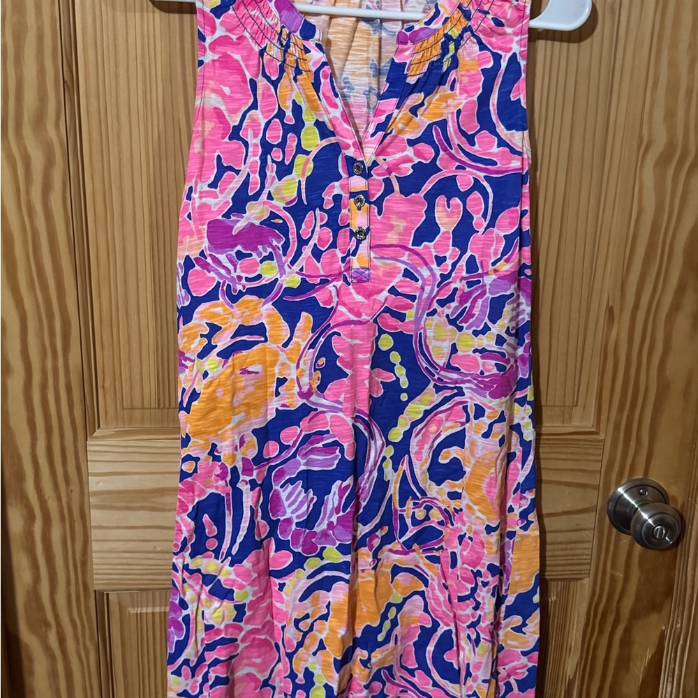 Lilly Pulitzer Essie Dress Shift Brilliant Blue Catch Release Pink Cotton XS